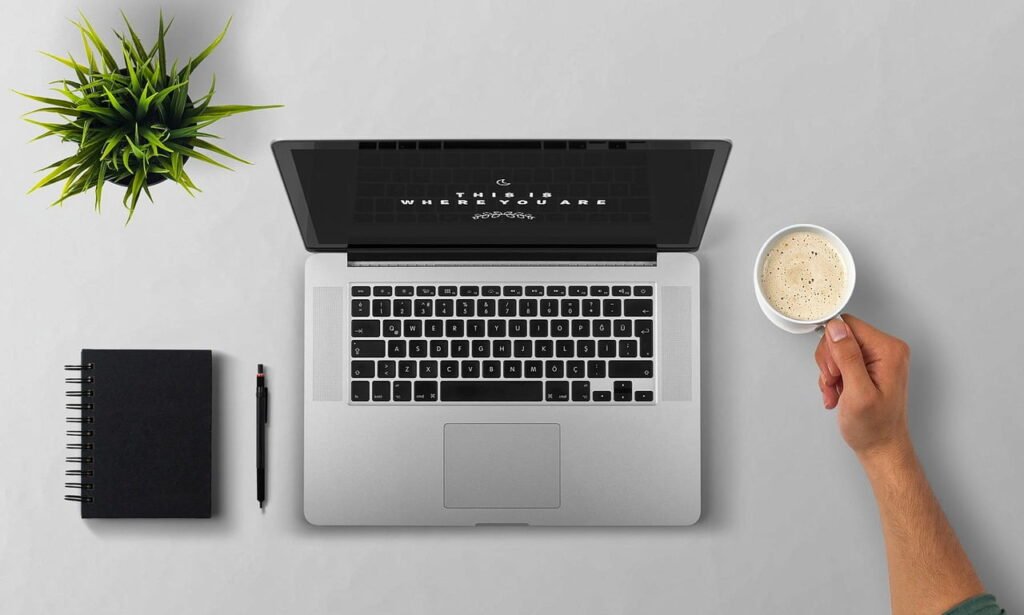 A laptop, notebook, pen, plant, and coffee cup arranged on a gray desk.