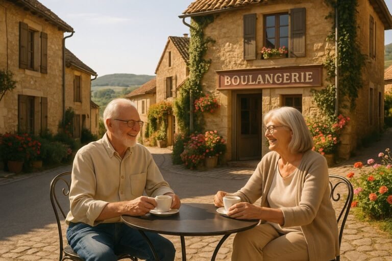 An elderly American couple enjoying coffee at a small outdoor café in a peaceful French village, surrounded by stone houses, flowers, and warm afternoon sunlight
