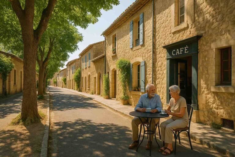 A quiet sunny village street in southern France with an elderly couple sitting outside a café, enjoying retirement — best and cheapest places to retire in France